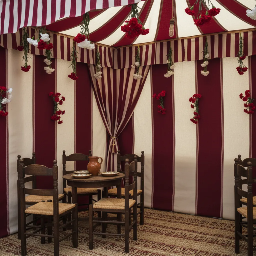 Decoración tradicional con flores y telas en una caseta