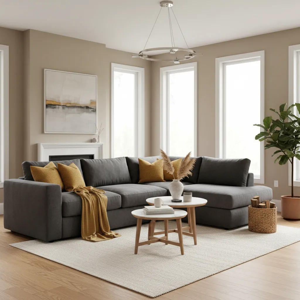 Cojines mostaza en sofá gris dentro de un salón moderno