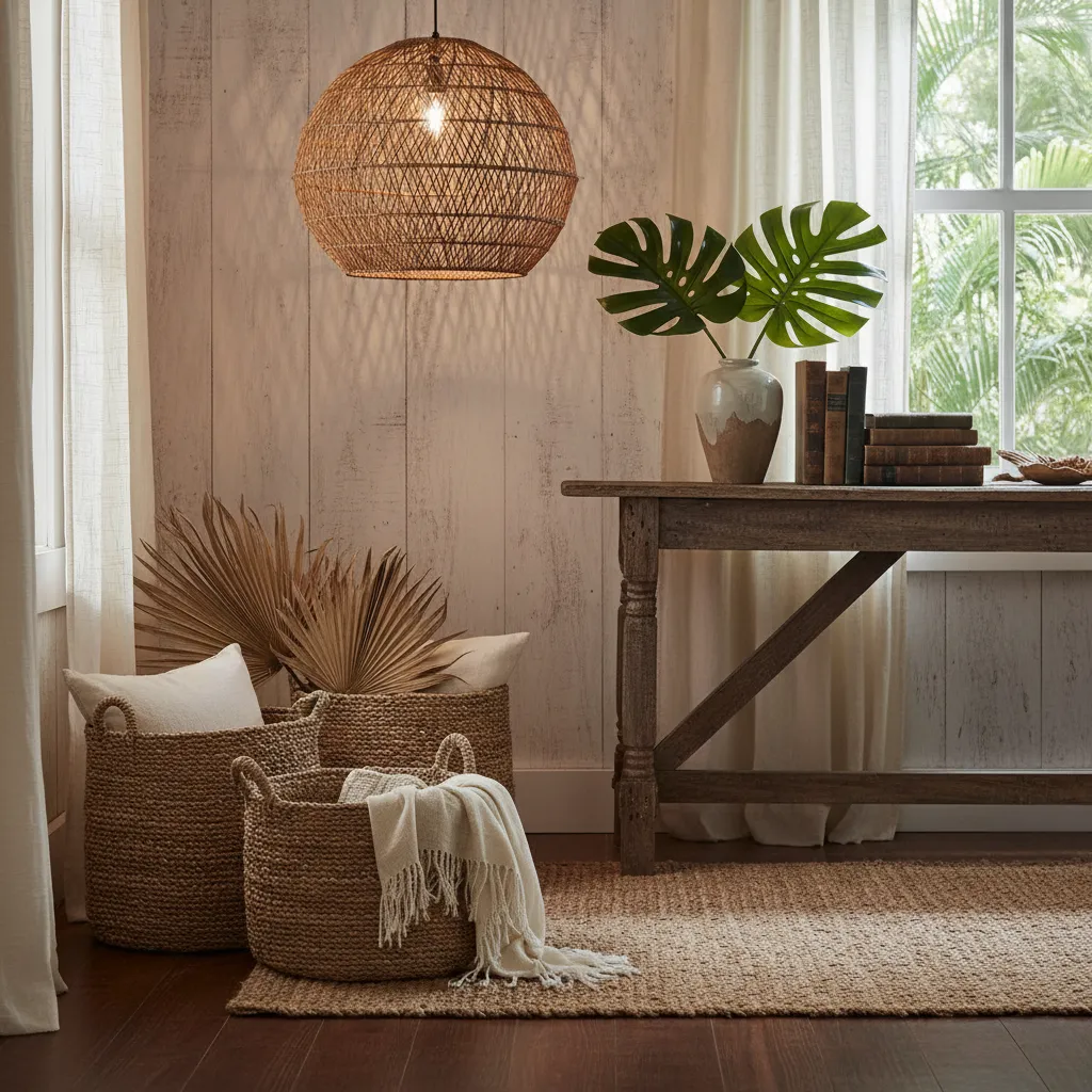 Detalles decorativos coloniales con fibras naturales y madera