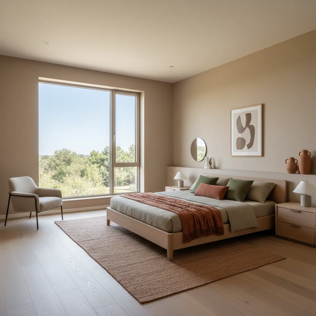 Modern beige bedroom with large window wooden bed grey armchair green pillows and natural light