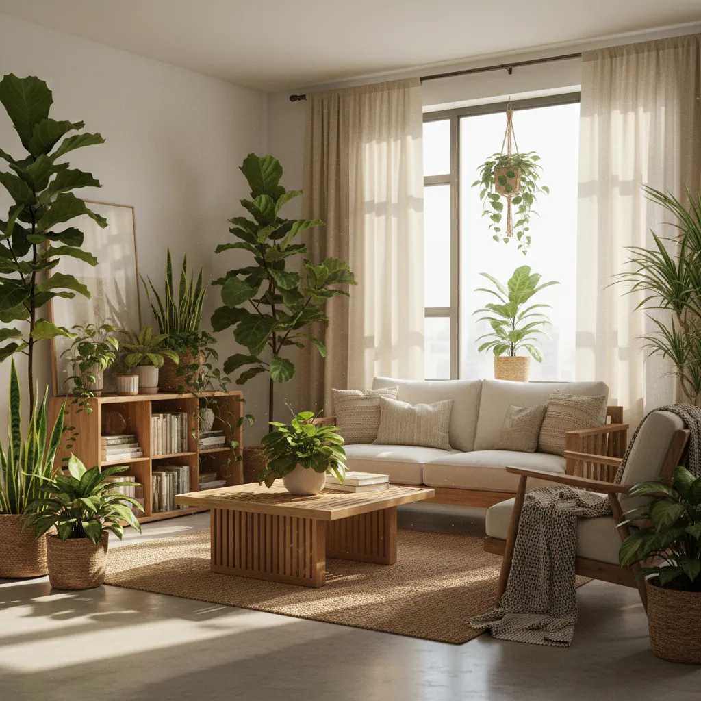 Interior luminoso con varias plantas naturales decorativas