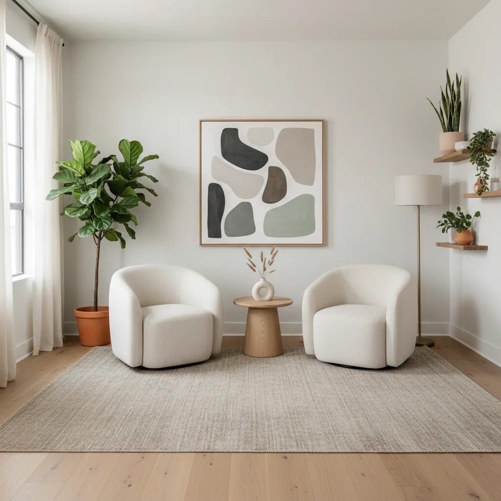 Decoración minimalista con plantas y arte abstracto en consultorio psicológico