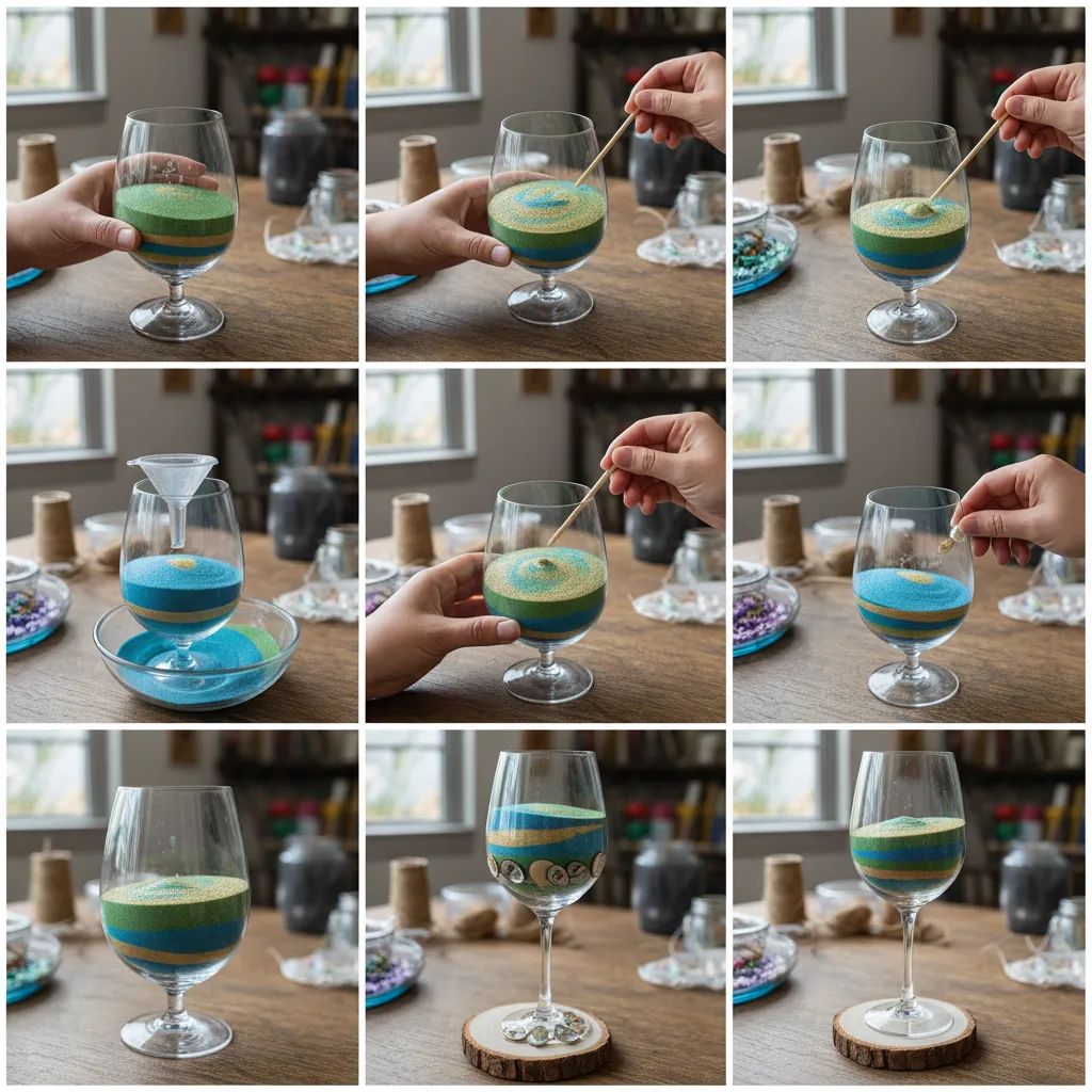 Proceso paso a paso colocando capas de arena y elementos decorativos dentro de una copa