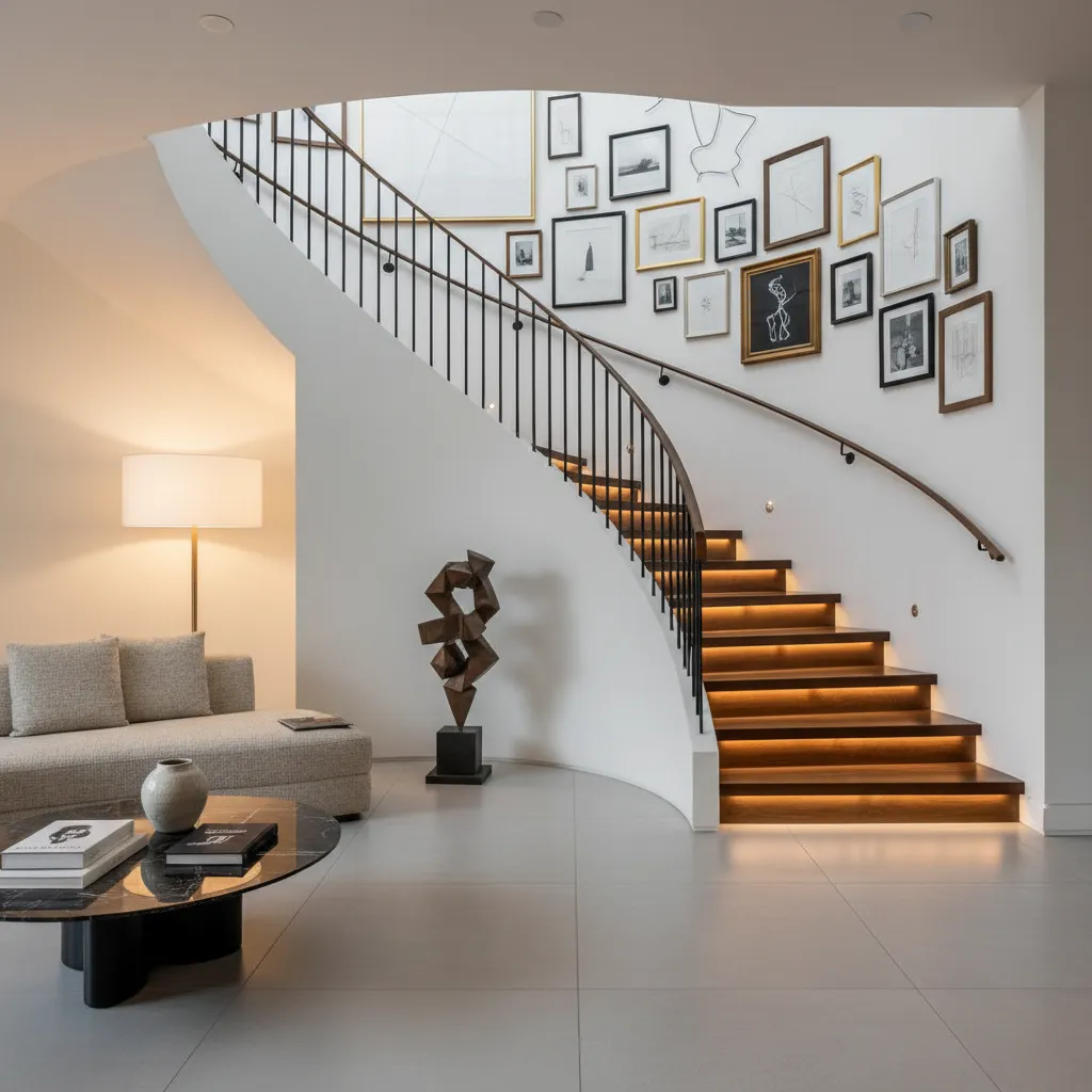 Escalera interior con composición artística de cuadros