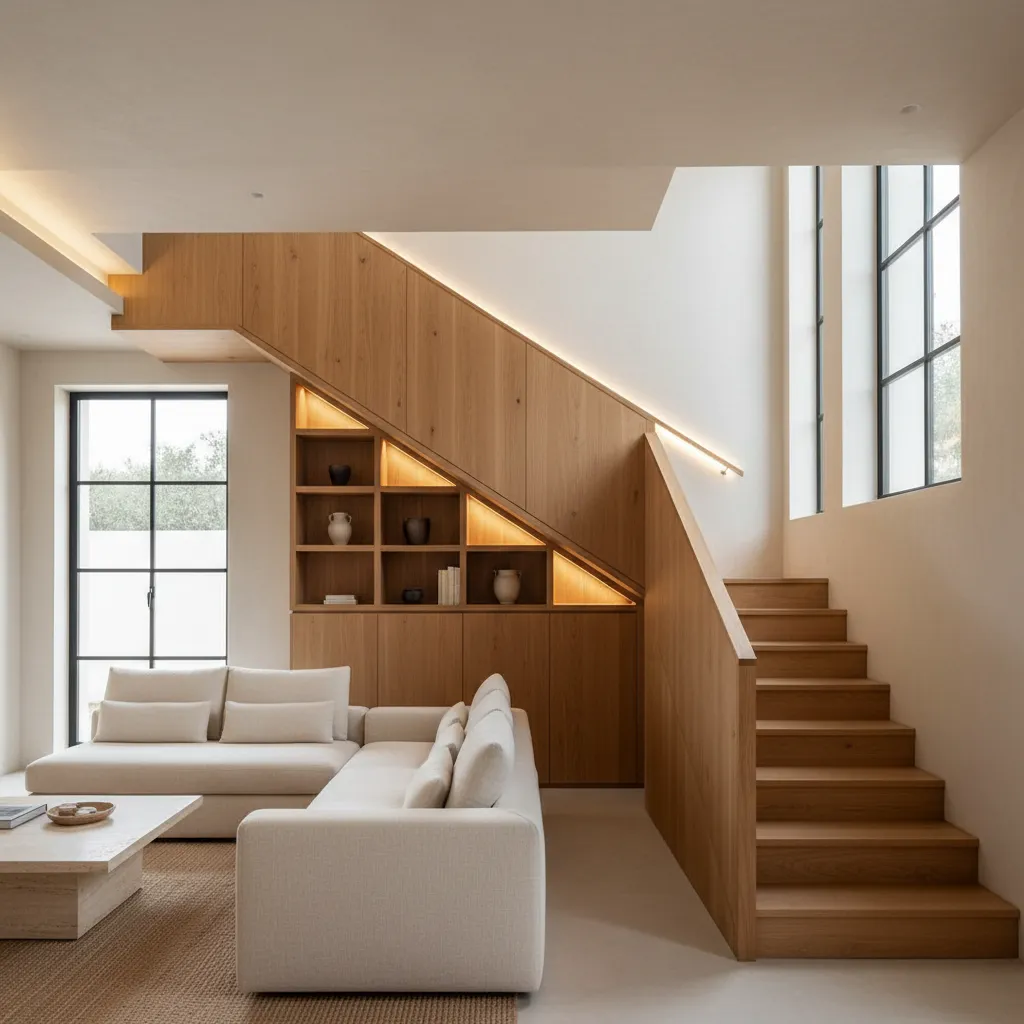 Modern living room with white sofa and wooden staircase featuring built in storage and lighting