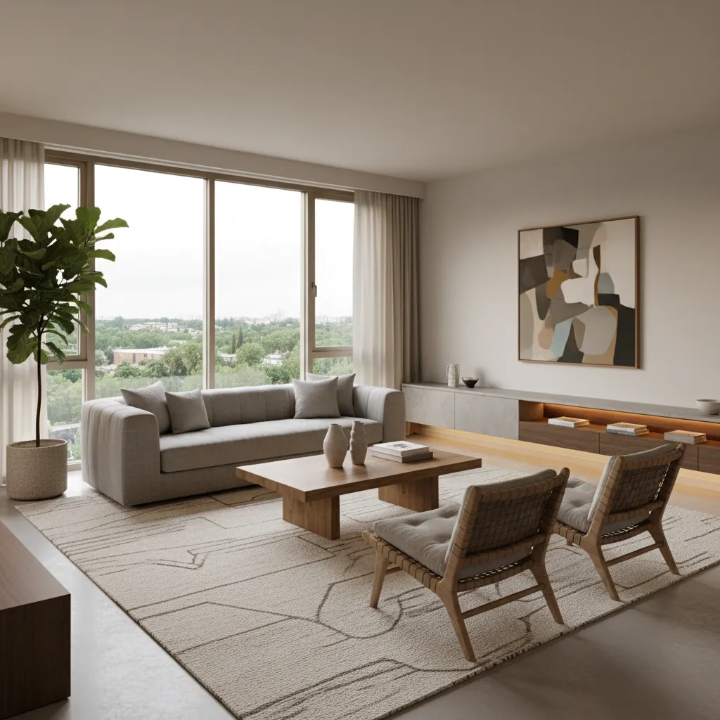 Modern living room featuring grey sofa, wooden coffee table, patterned rug, large window, and art