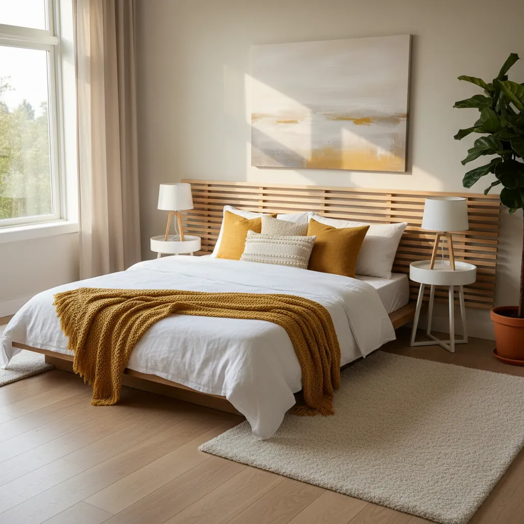 Dormitorio moderno con textiles color mostaza