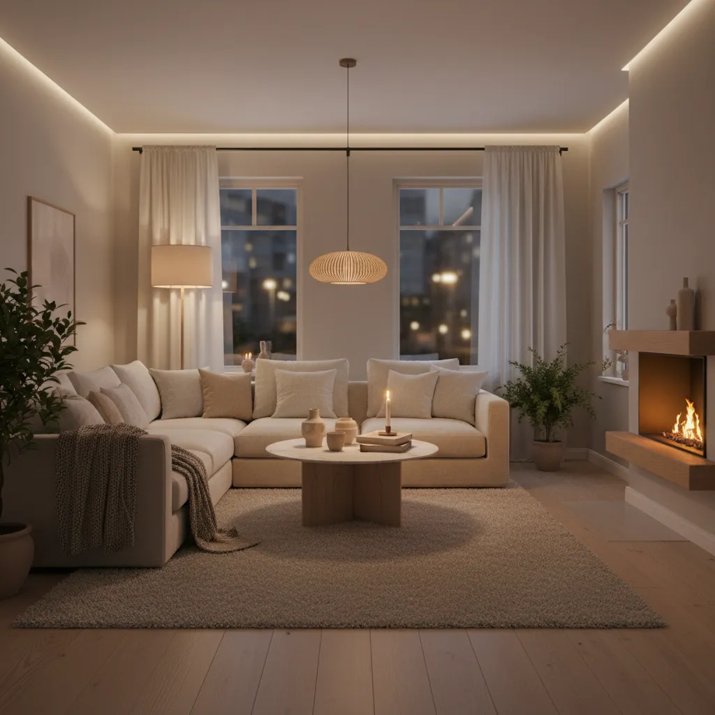 Salón decorado con textiles y luz cálida