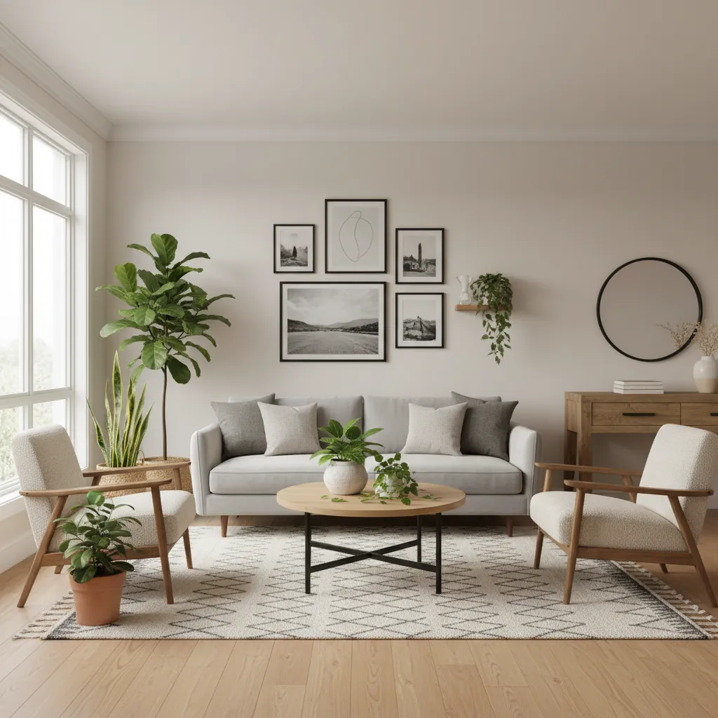 Sala de estar bien equilibrada combinando muebles de diferentes estilos y precios
