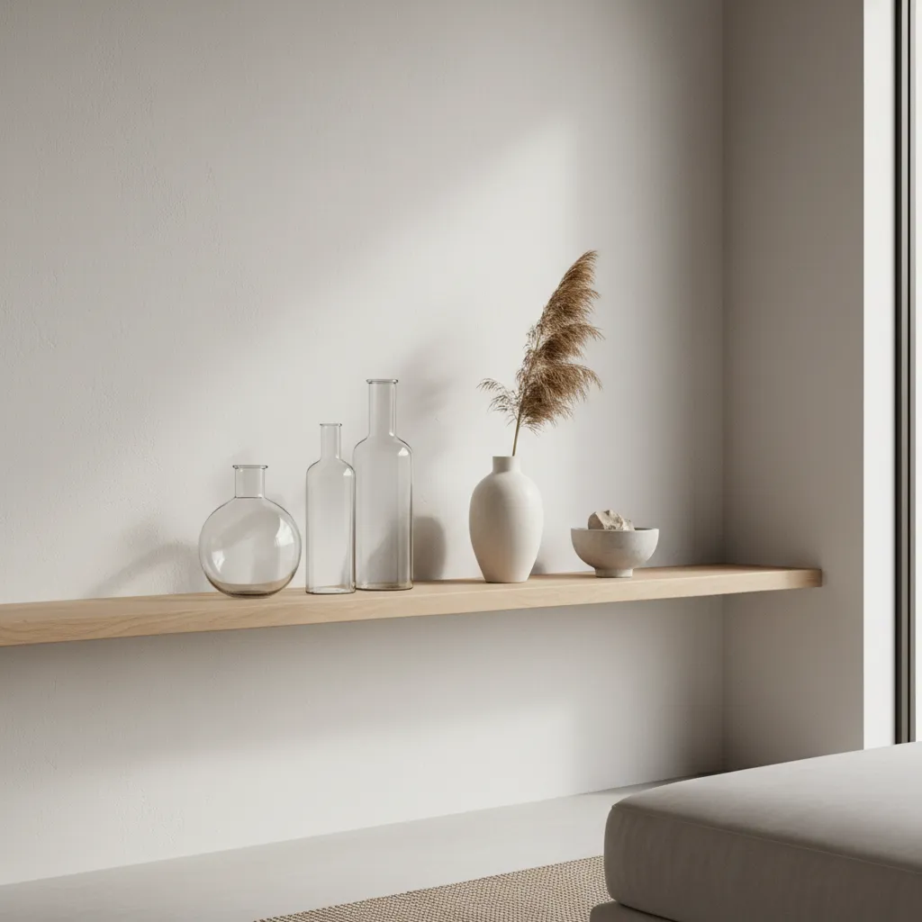 Estantería minimalista con pocas botellas de cristal decorativas