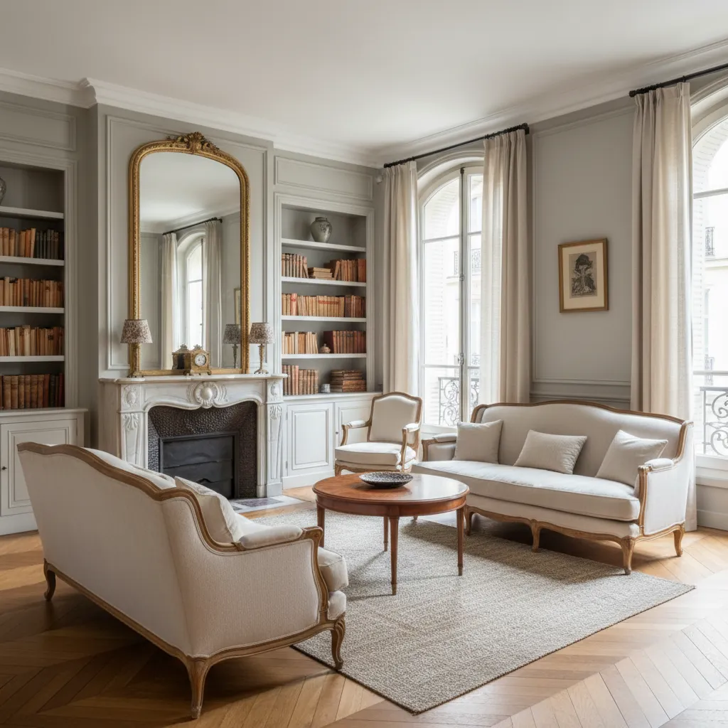 French style living room with white sofas wooden coffee table fireplace mirror bookshelves and windows