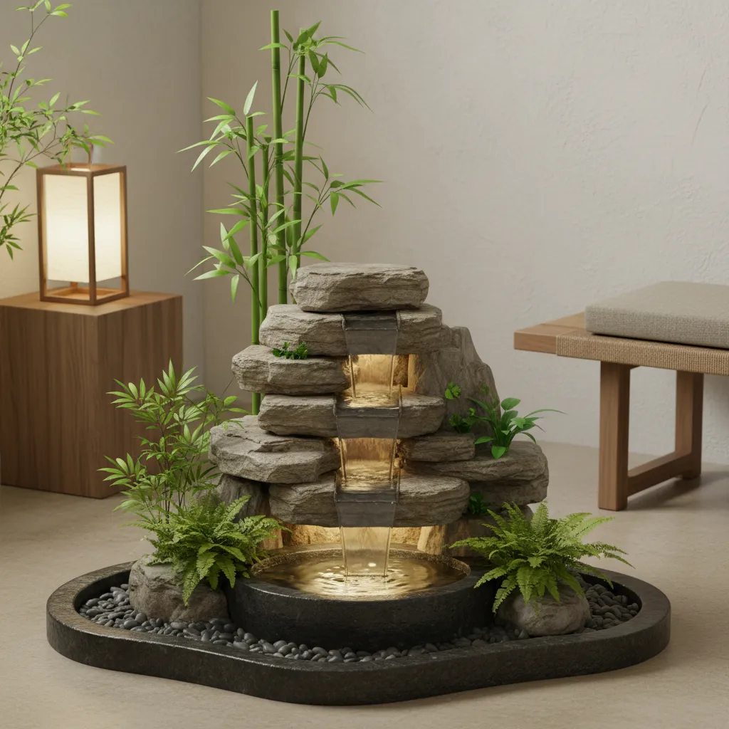 Fuente interior decorada con piedras y plantas naturales