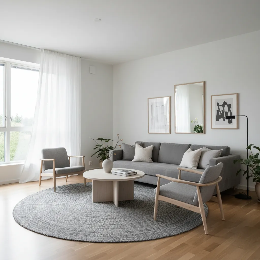 Bright living room featuring grey sofa two wood armchairs round coffee table and round rug