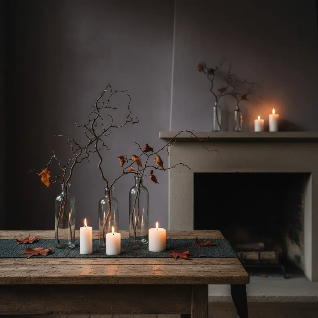 Decoración de Halloween con ramas secas y botellas oscuras