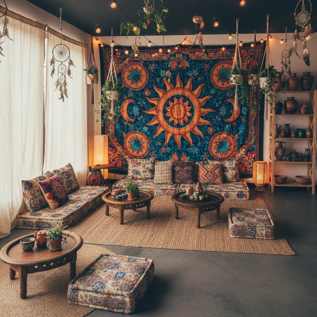 Decoración hippie con tapices coloridos y cojines artesanales