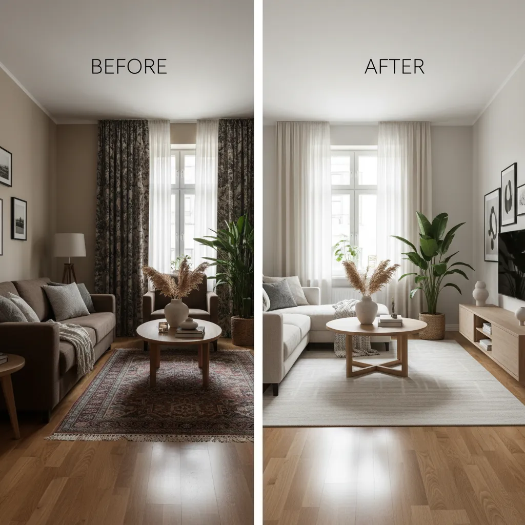 Before and after comparison showing living room transformation from dark furniture to bright white modern decor