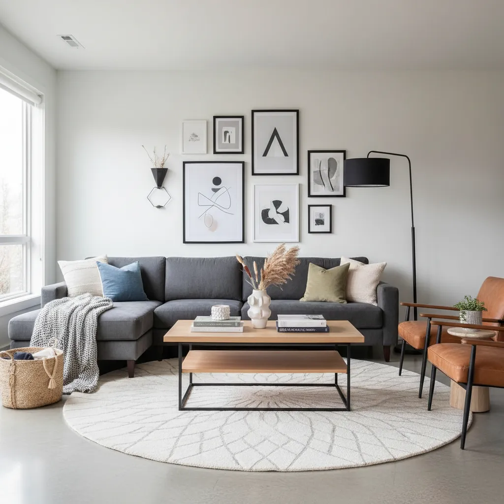 Decoración interior moderna con sofá gris, arte en pared y lámpara de pie