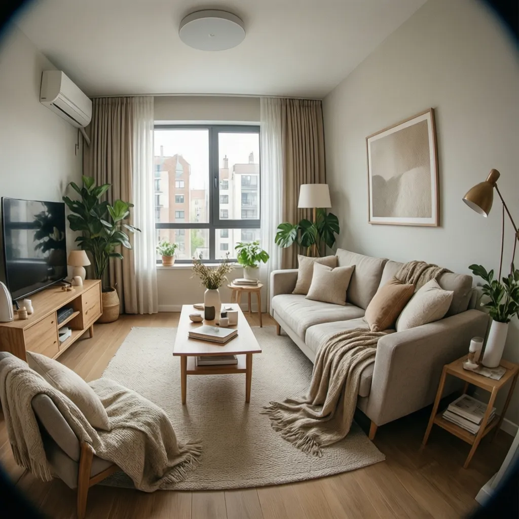 Modern living room with beige sofa wooden coffee table green plants large window and curtains
