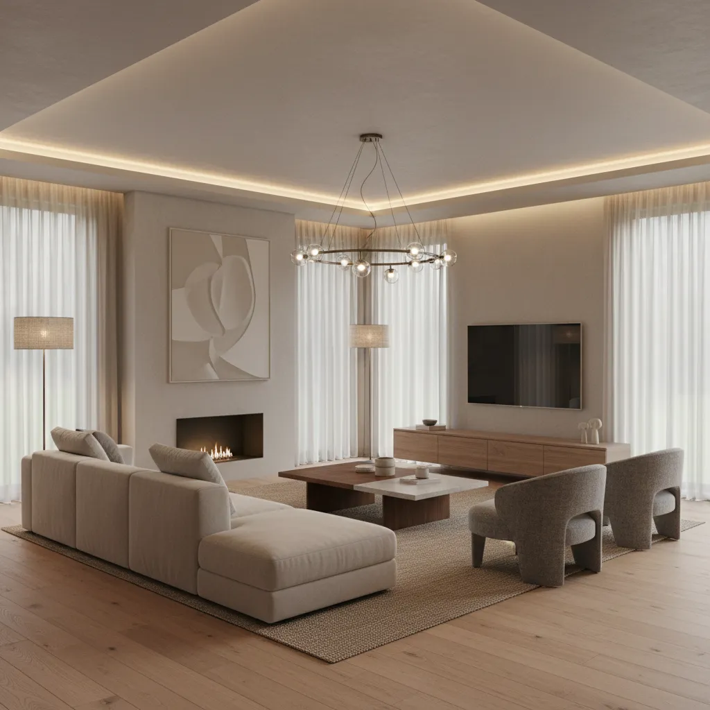 Render realista de salón contemporáneo diseñado digitalmente