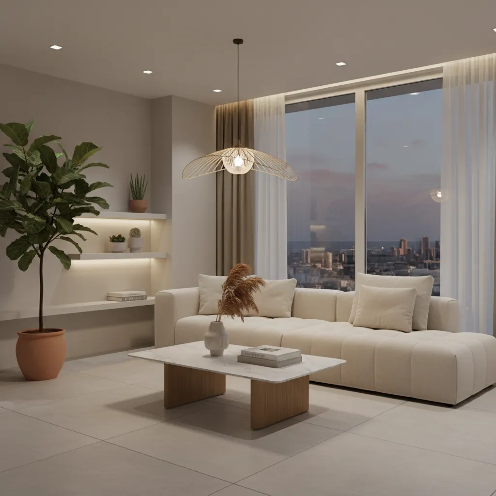 Modern living room with beige sofa marble coffee table ceiling light and large sunset city window