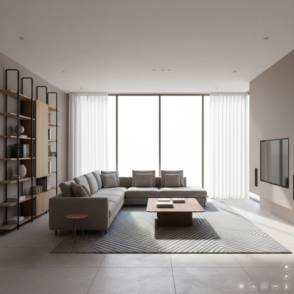 Vista 3D de salón diseñado dentro de un simulador de interiores
