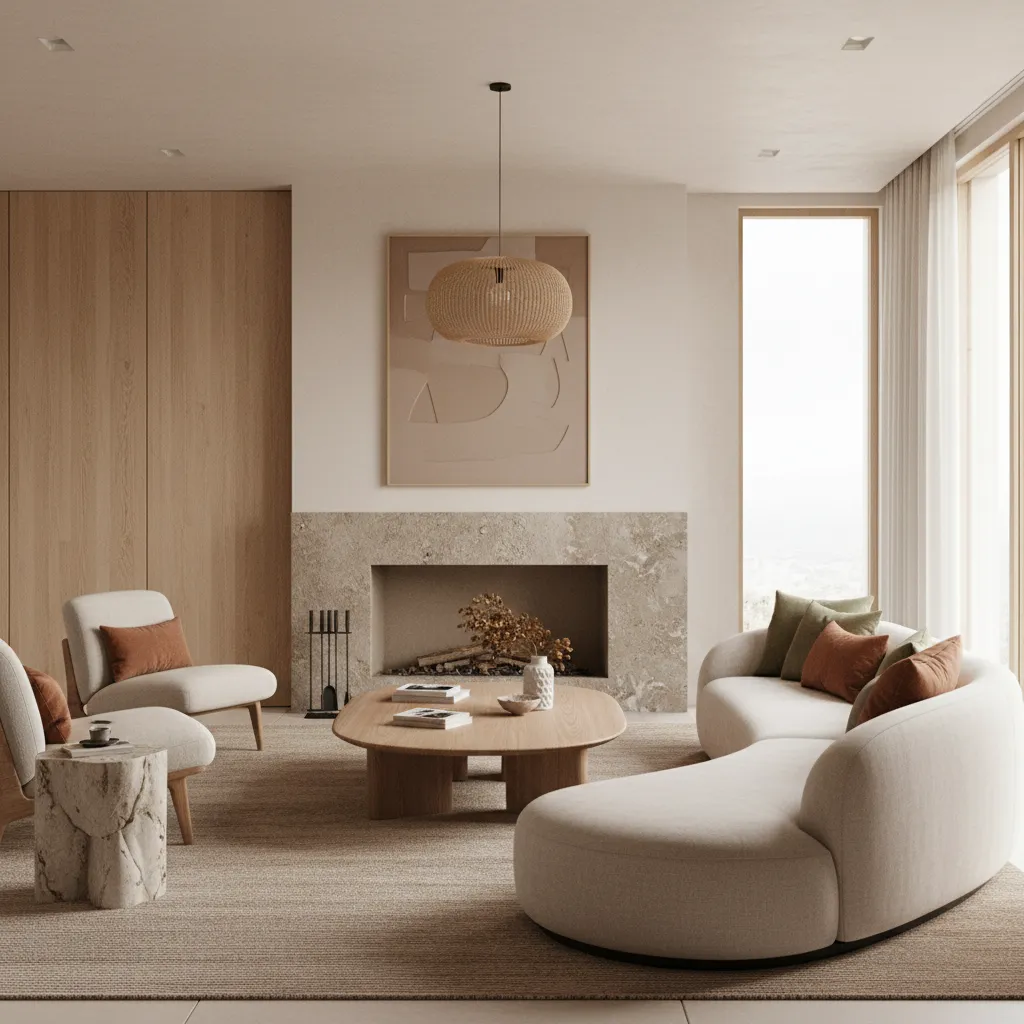 Minimalist living room featuring curved white sofa wooden coffee table fireplace woven ceiling light and rug