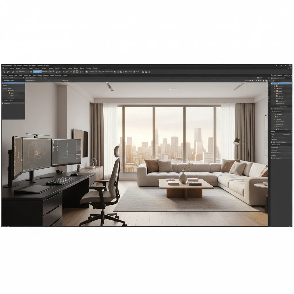 Coohom design software showing modern living room with black desk, white sofa, and city windows