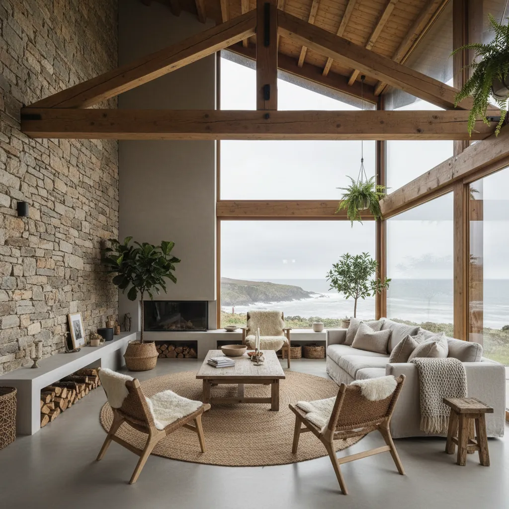 Rustic living room with stone wall, wood ceiling beams, white sofa, and windows overlooking the ocean