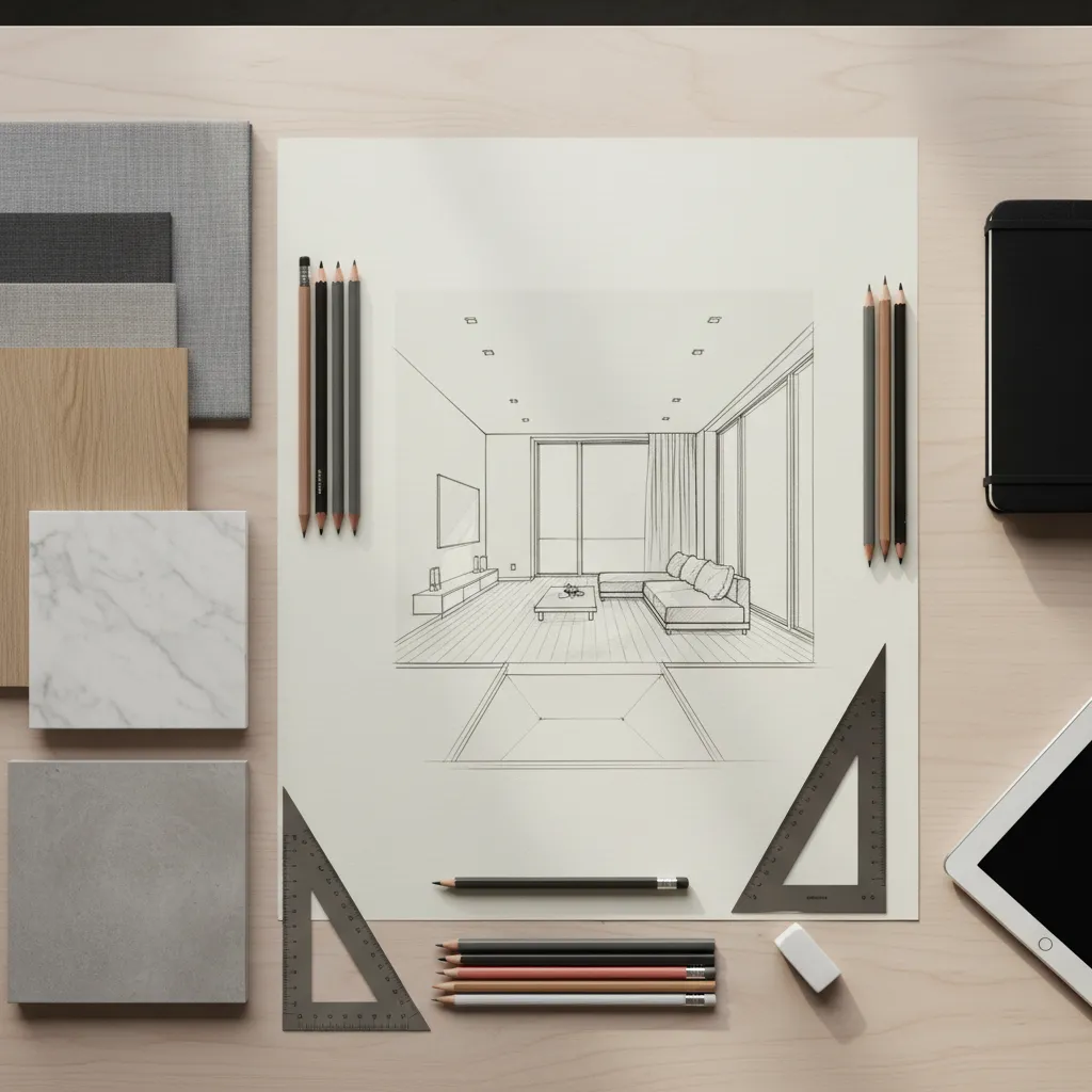 Interior design workplace layout featuring room sketch with various material samples and many colorful drawing pencils