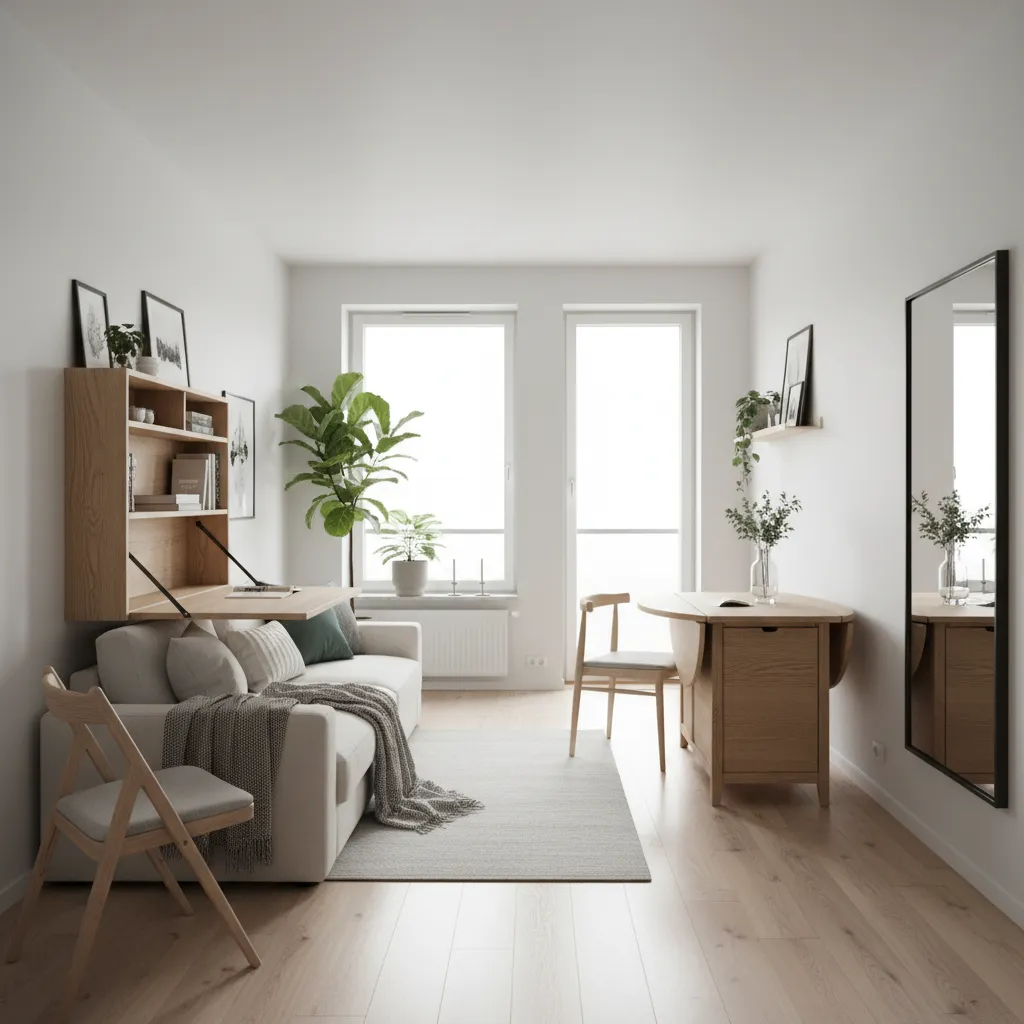 Minimalist white living room with grey sofa, wooden wall desk, dining table, and natural light