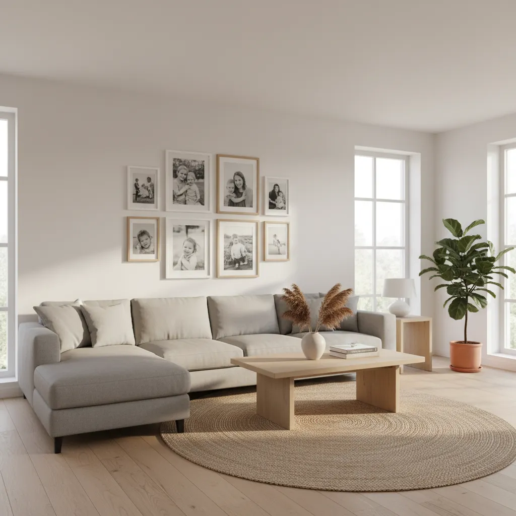 Modern living room with grey sofa round jute rug and family photo gallery wall windows
