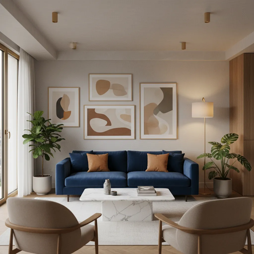 Modern living room with blue sofa, orange pillows, marble coffee table, wall art, and plants