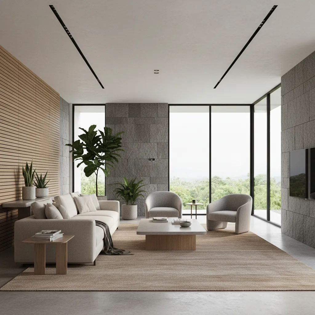 Modern living room with stone walls white sofa grey chairs large windows and green potted plants