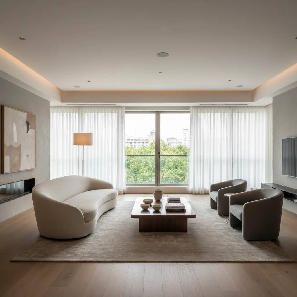 Modern living room with curved sofa, wooden coffee table, grey armchairs, large windows, white curtains