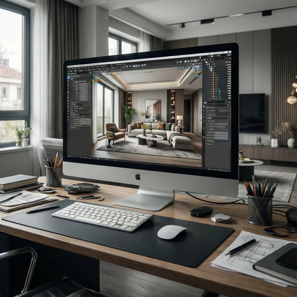 Computer screen displaying interior design drawing of a modern living room on a busy wooden desk