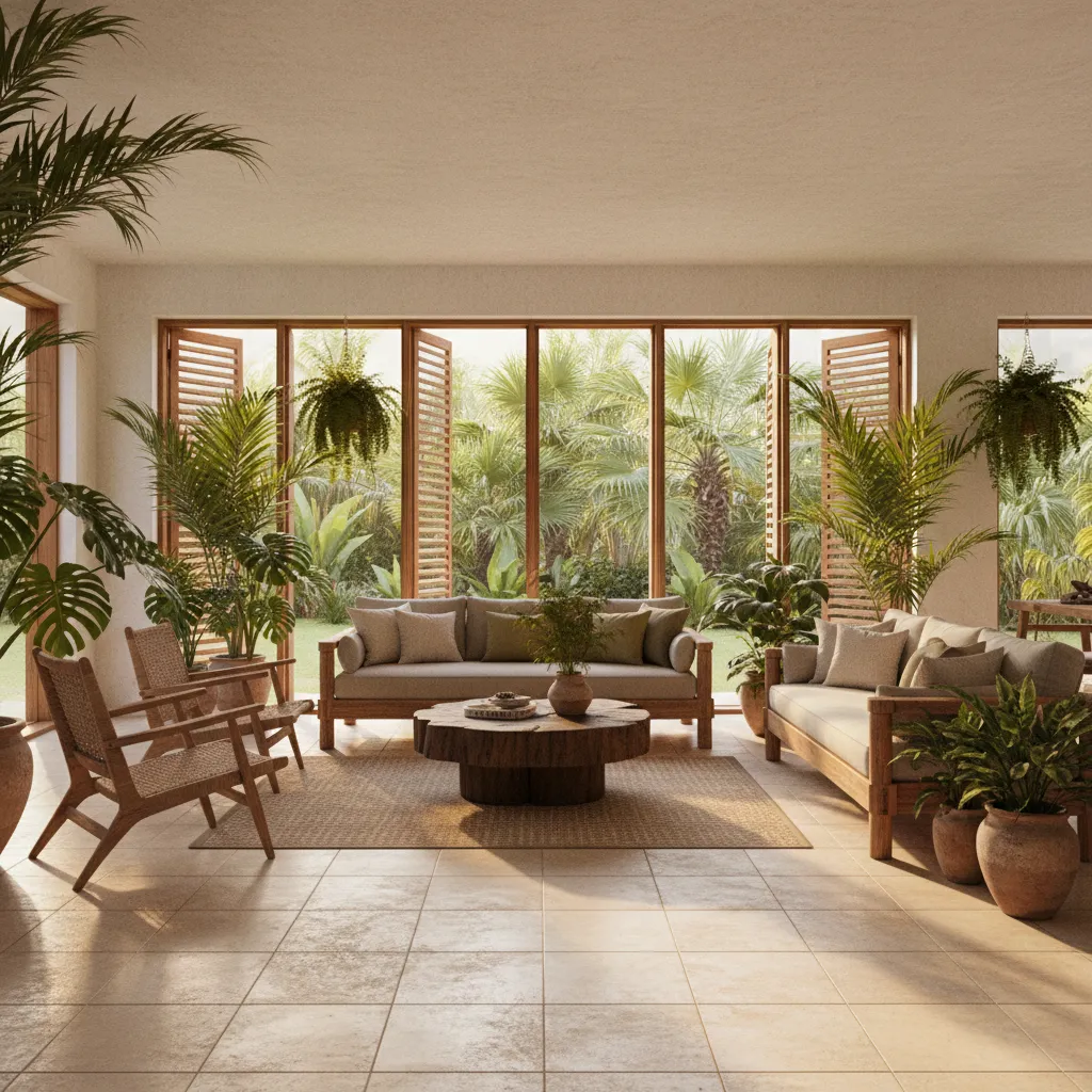 Spacious living room with wooden sofas green plants large windows and view of tropical garden