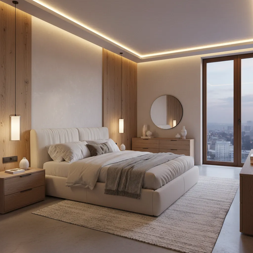 Modern bedroom with cream bed wood wall panels hanging lights and large city view window
