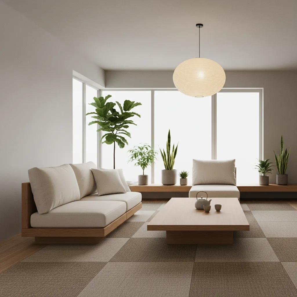 Zen living room featuring wooden sofa tea set on table and large paper ceiling light