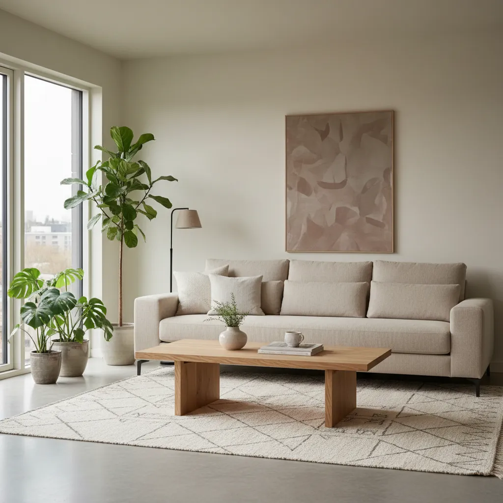 Sala moderna decorada con muebles contemporáneos y colores neutros