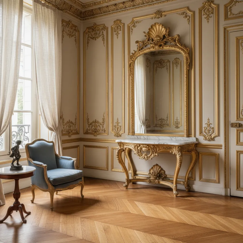 Classic room corner with gold wall panel, large mirror, blue armchair and marble top table.