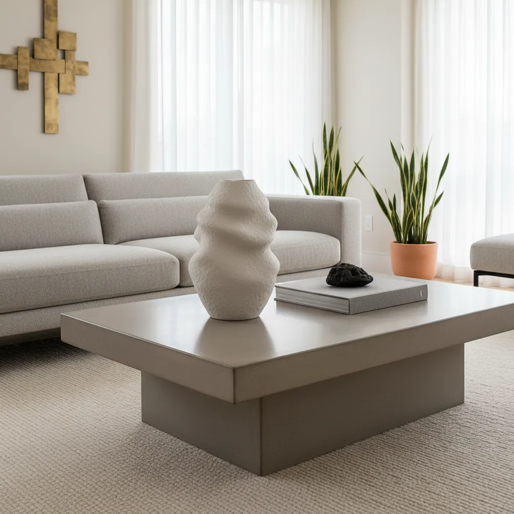 Modern living room featuring grey sofa low coffee table white vase and green potted plants
