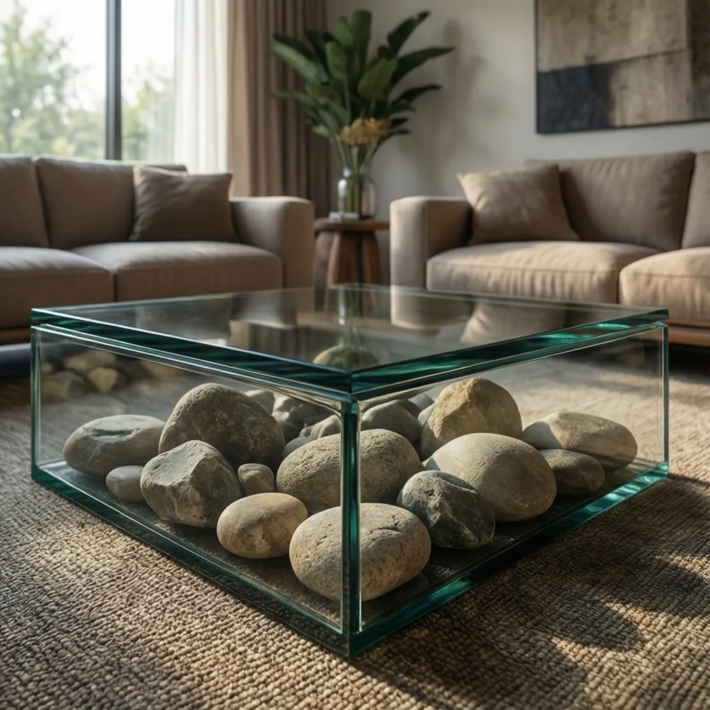 Mesa de cristal con piedras decorativas bajo el vidrio