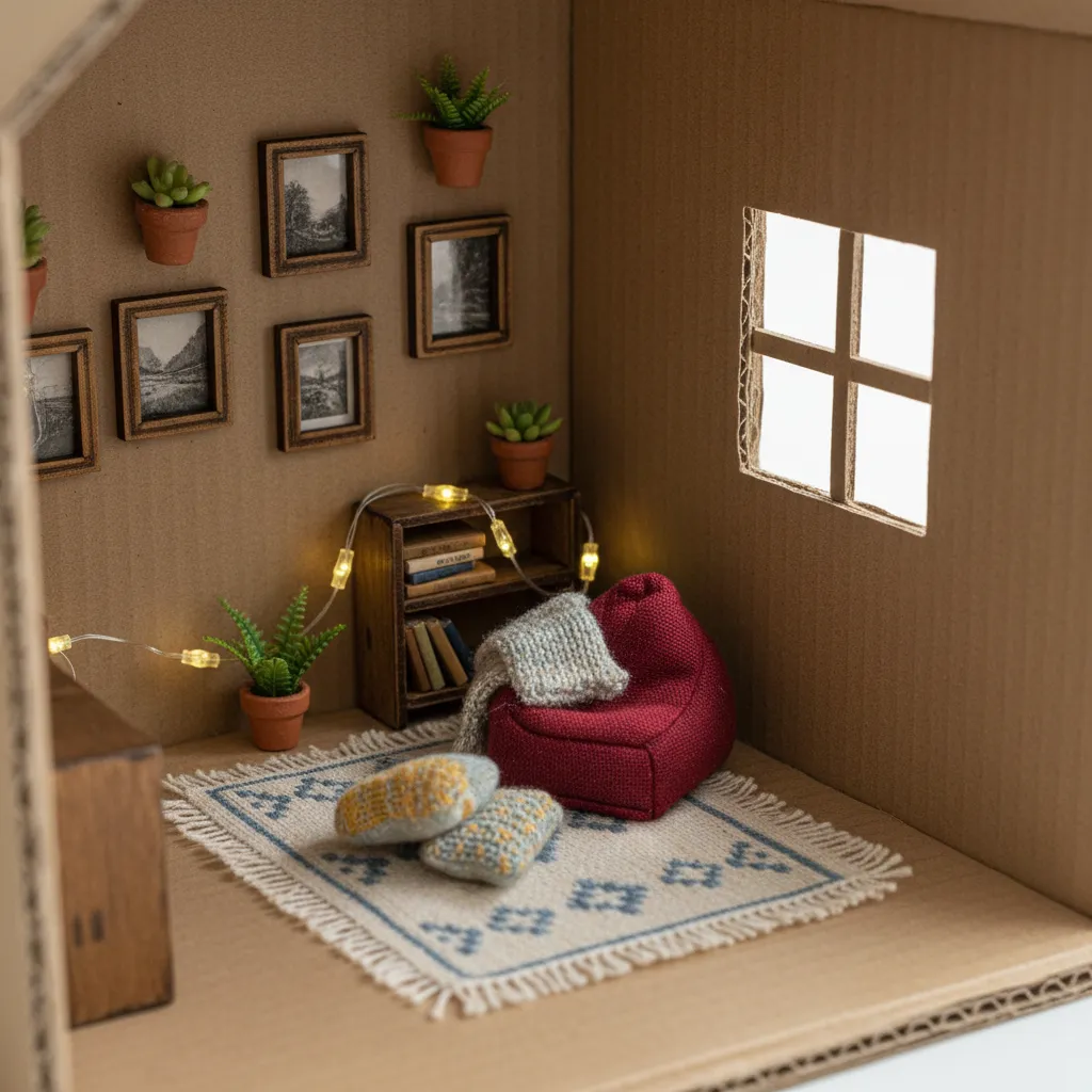 Interior de casita de cartón con plantas miniatura y decoración