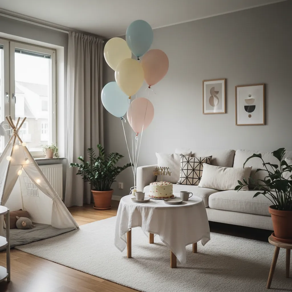 Decoración sencilla de cumpleaños infantil en salón pequeño