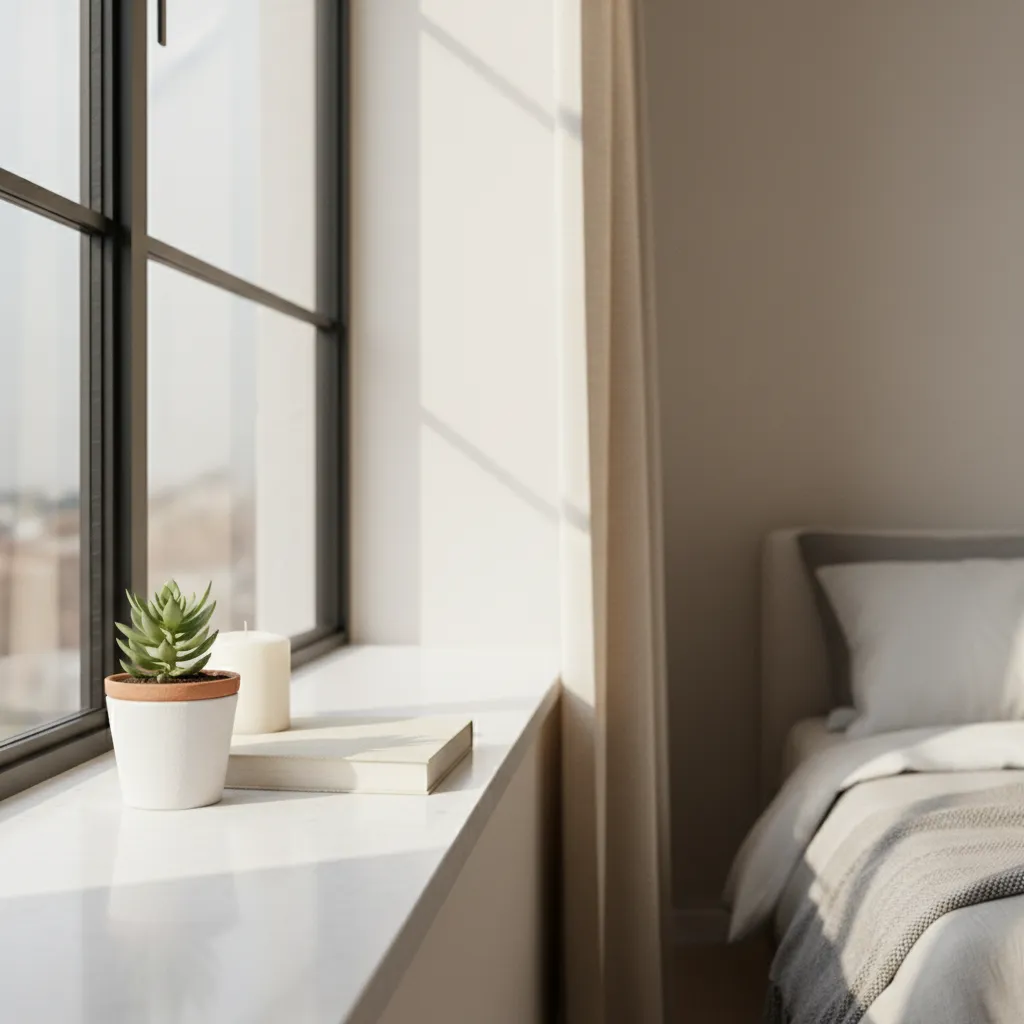 Alfeizar minimalista con una planta, vela y libro