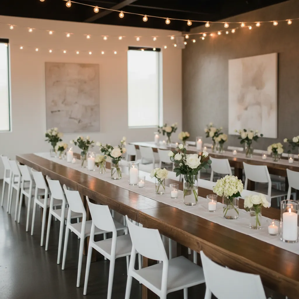 Decoración minimalista en boda interior con mesas simples y flores elegantes