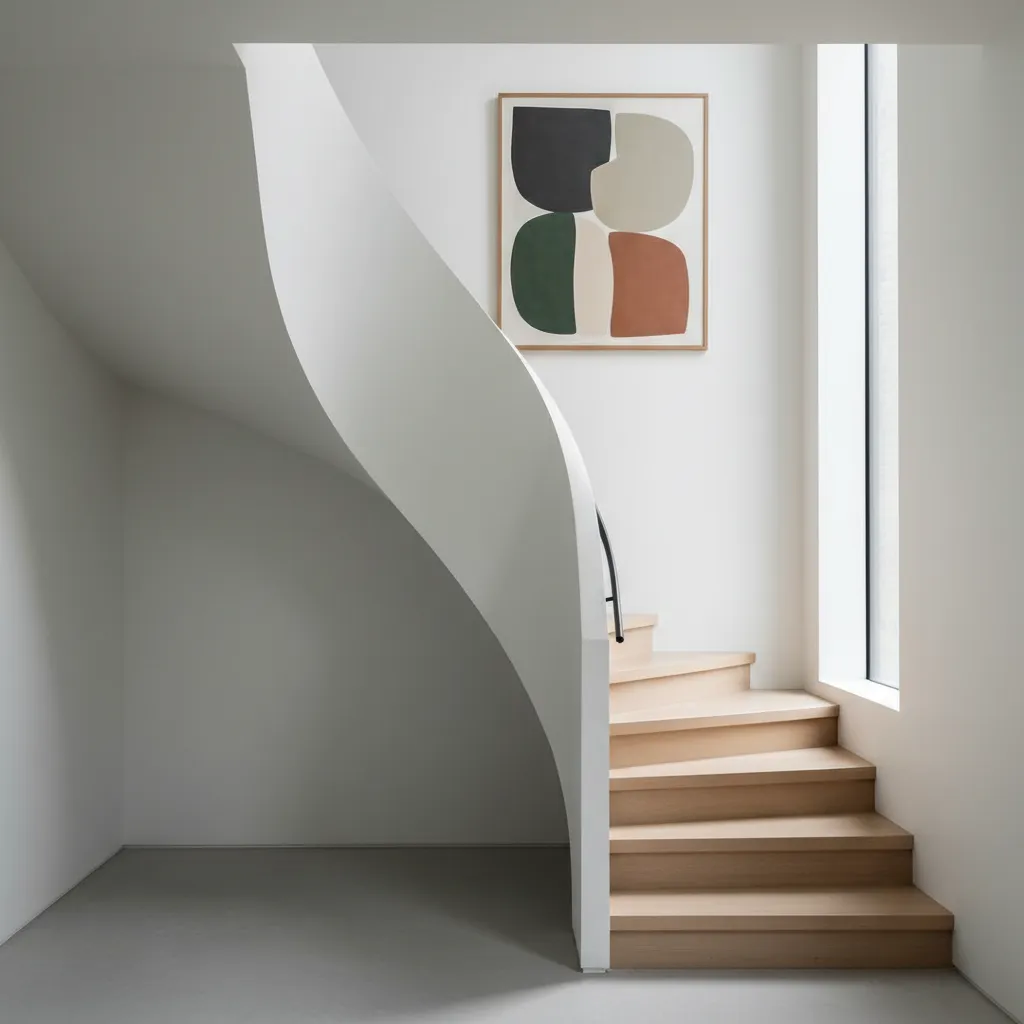 Escalera interior minimalista con un gran cuadro decorativo
