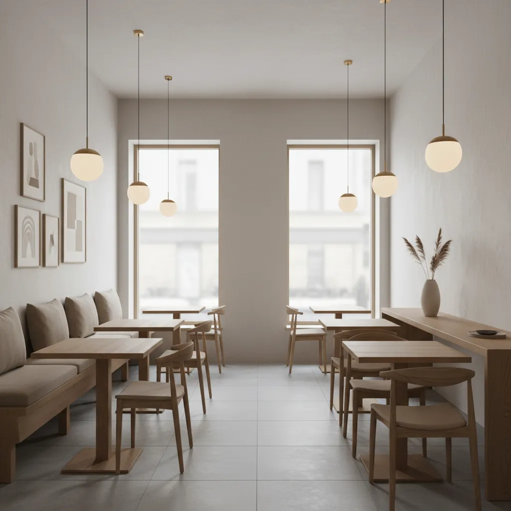 Minimalist restaurant interior with wooden tables, chairs, white walls, spherical ceiling lights, and bright windows