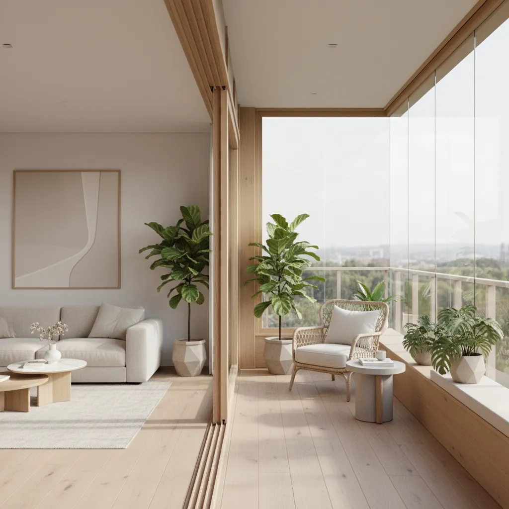 Terraza cerrada moderna integrada con el salón mediante gran ventana interior