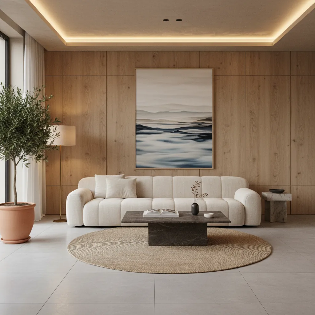 Modern living room with wood wall panel white sofa round rug and large landscape painting